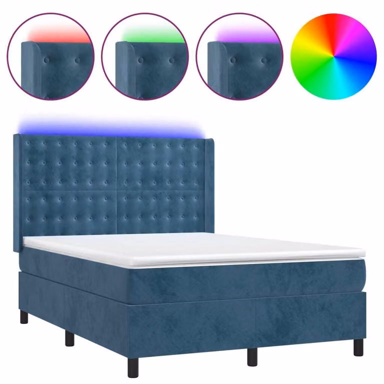 Letto a Molle con Materasso e LED Blu Scuro 140x190 cm