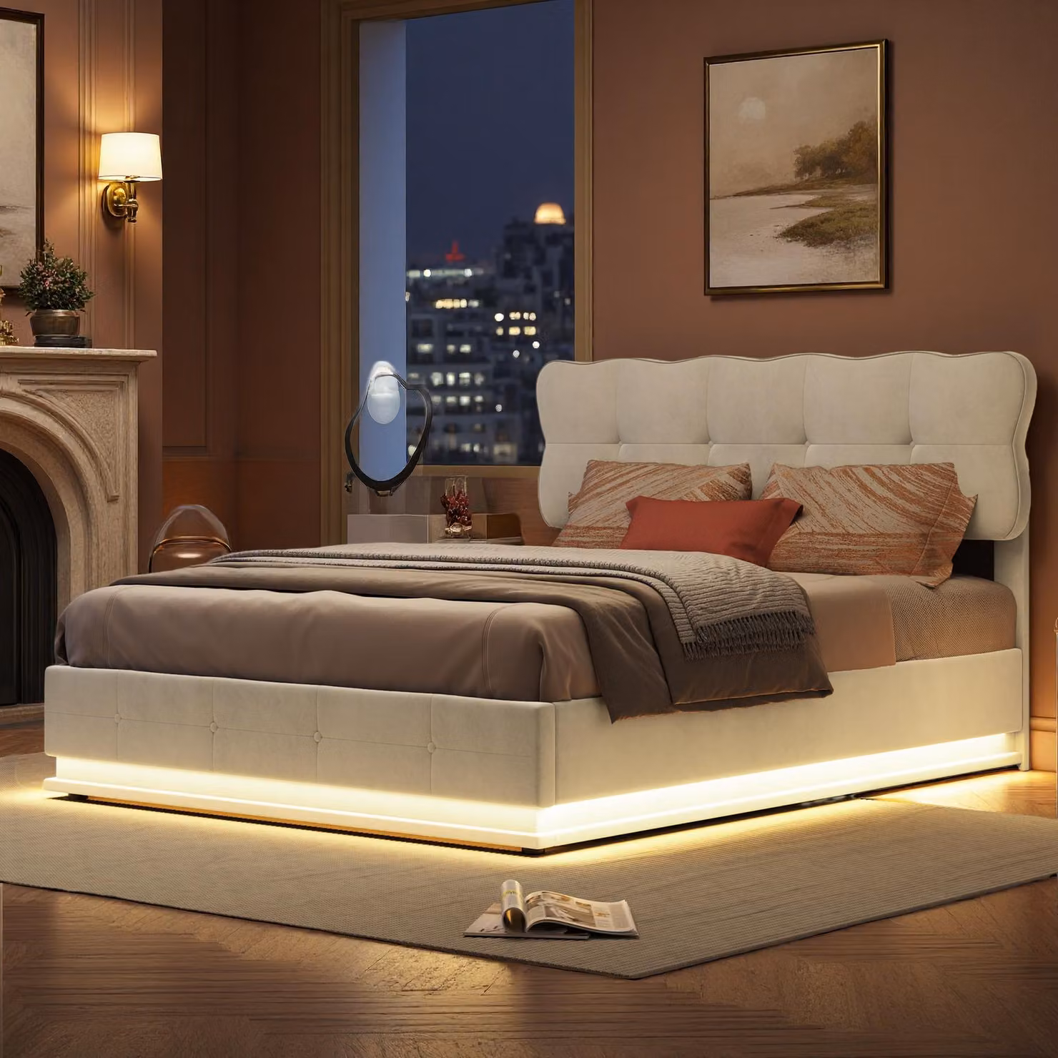 Letto imbottito ProximaX 140x190 cm in velluto beige con contenitore a LED e molla a gas - letto matrimoniale moderno con rete ed effetto flottante
