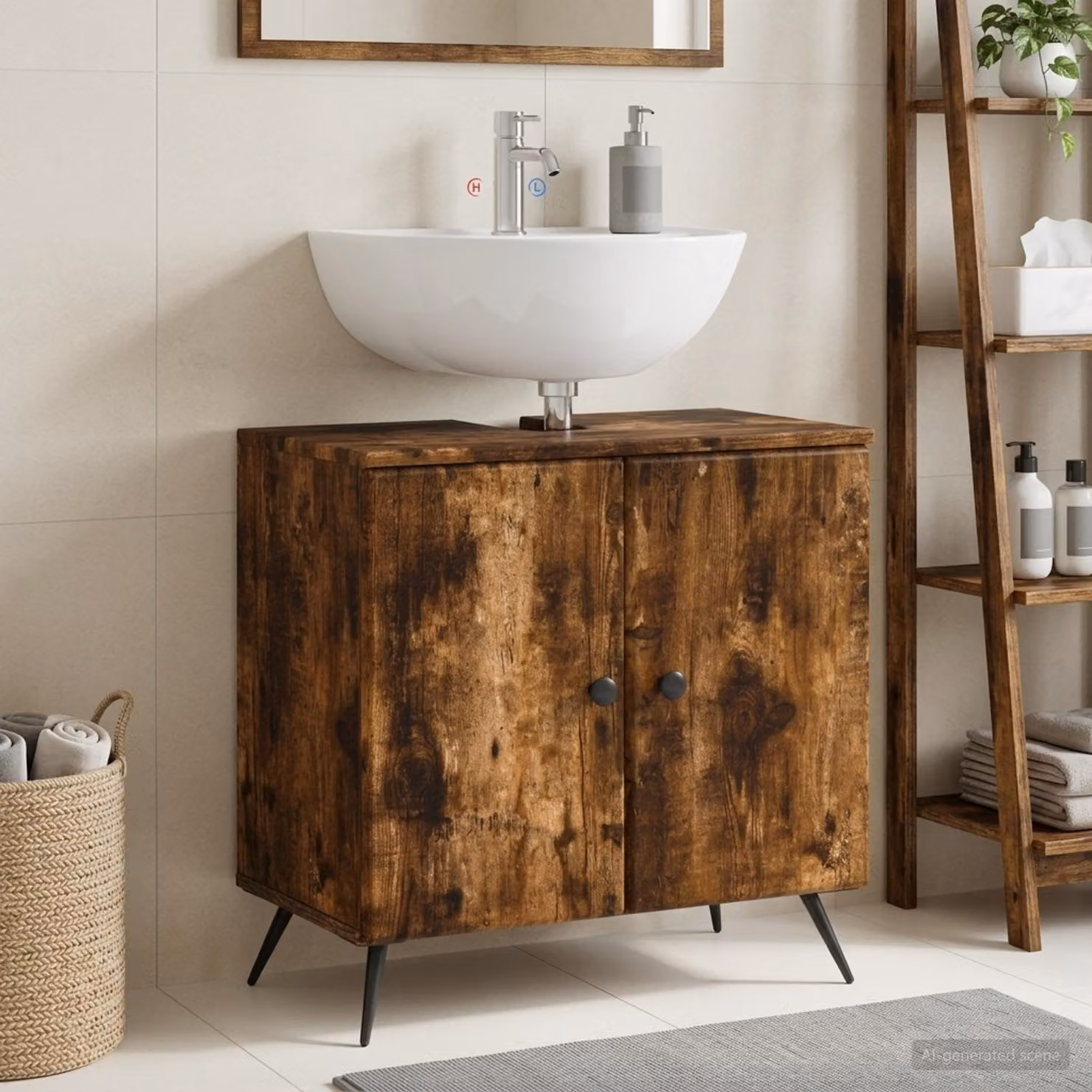 Armadio per lavabo da bagno moderno vidaXL BREDA Rovere Fumo con ante a battente, L/P/H: 59,5 x 31,5 x 59,0 cm