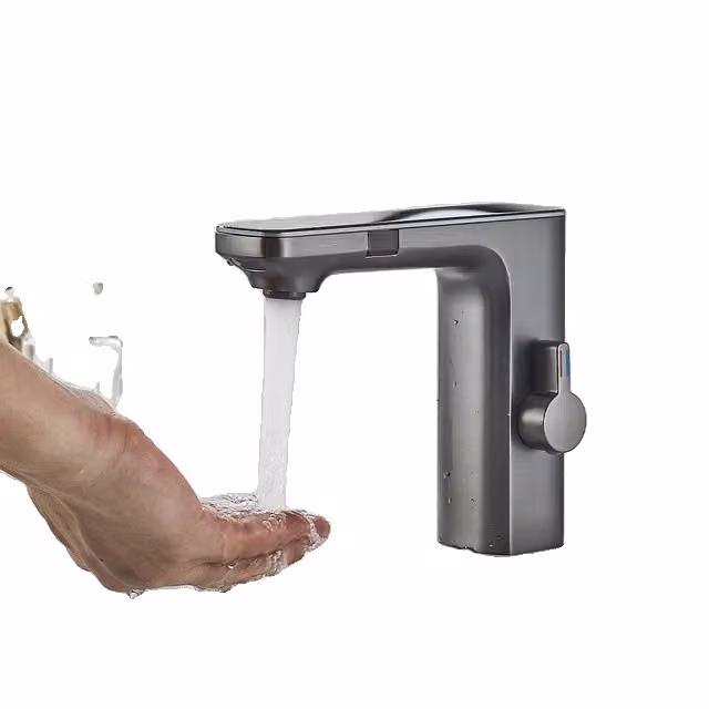 Rubinetto da bagno intelligente, tecnologia a doppio sensore, miscelatore acqua calda/fredda, grigio