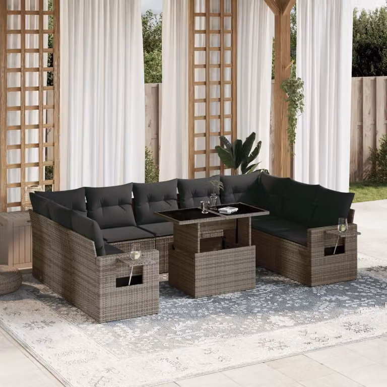 Set Divano da Giardino vidaXL 10 pz a Forma a L con Cuscini Grigio in Polyrattan e Tavolino da Esterno