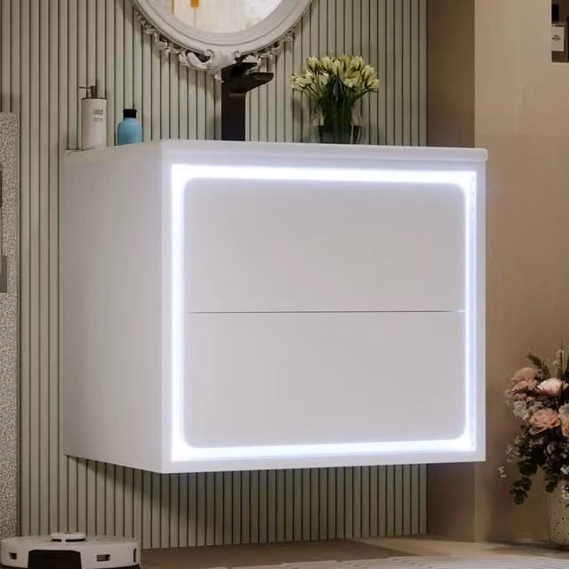Mobile bagno sospeso WISHDOR bianco con lavabo integrato, 2 cassetti e illuminazione LED, L/P/H: 60 x 46 x 50 cm – 1