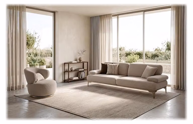 Set divano, poltrona e libreria, stile moderno, color beige, elegante e lussuoso, ideale per il soggiorno