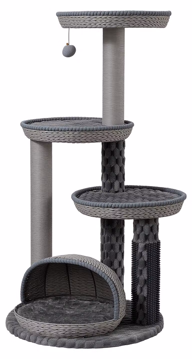 Fudajo Urban Loft, tiragraffi per gatti grigio, 115 cm di altezza, con base circolare di Ø 58 cm, dotato di elementi massaggianti, 3 aree relax e pali da graffio rivestiti in corda di carta