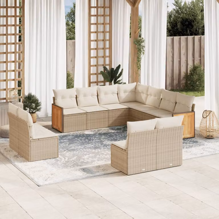 Set di Divani da Giardino vidaXL 11 pz in Polyrattan con Cuscini Beige e Struttura in Acciaio e Legno di Acacia