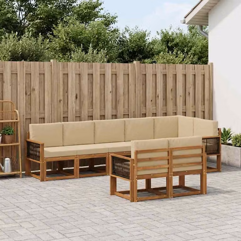 Set di divani da esterno vidaXL 8 pz in legno di acacia con cuscini beige e sabbia