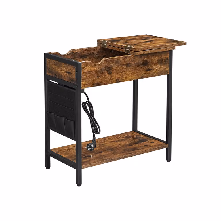 Tavolino Stretto con Multipresa e Porte USB, Marrone Vintage + Nero