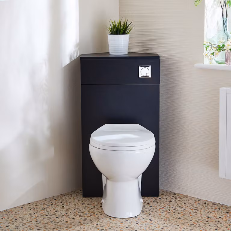Unità WC Angolare in Grigio Nero con Sanitario a Filo Muro Select e Pulsante di Scarico Cromato - Cluo