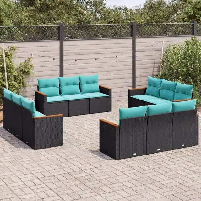 Set di Divani da Giardino a Forma di U vidaXL con Cuscini in Polyrattan e Struttura in Acciaio Nero e Blu Turchese