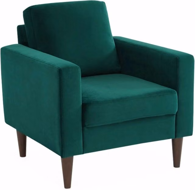 Poltrona scandinava Sweeek in velluto verde con struttura in legno e braccioli – 1