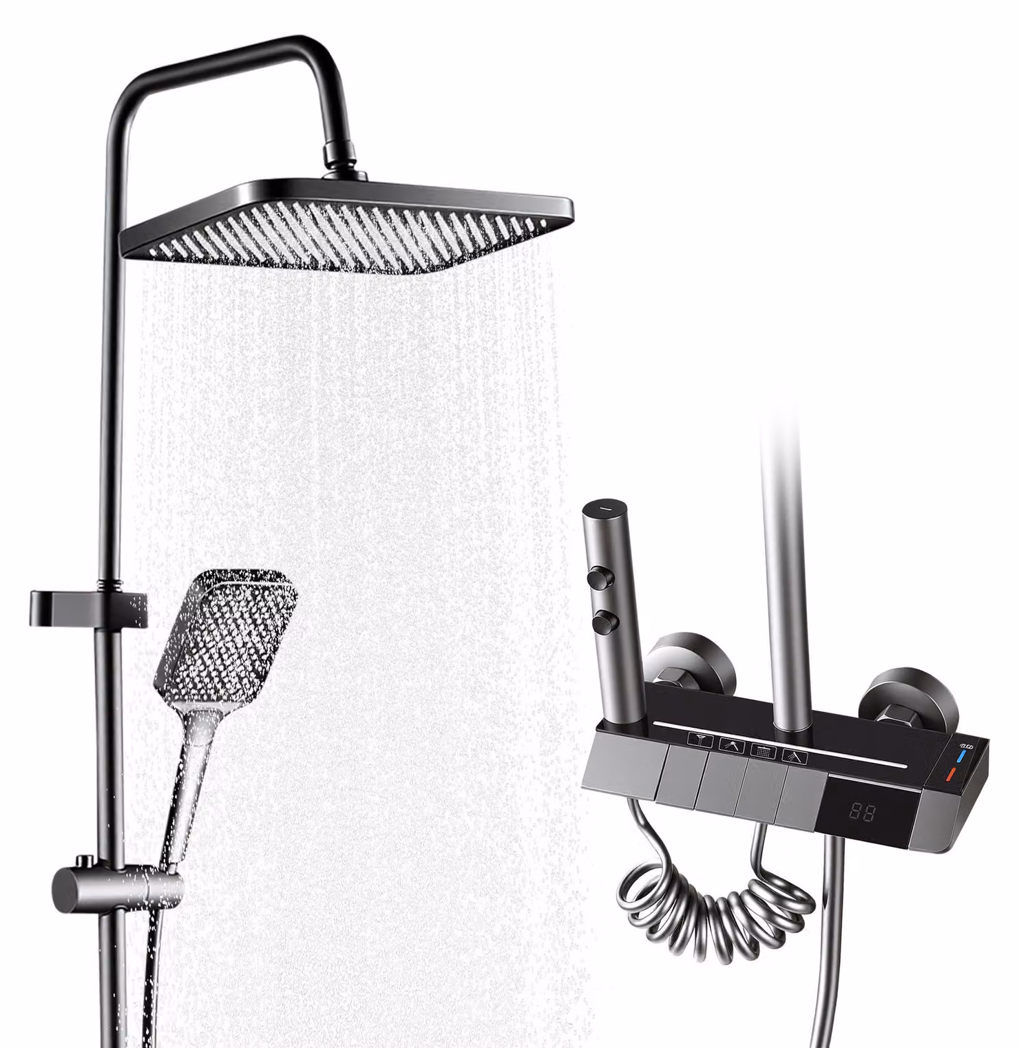 Sistema doccia REMZETTA in ottone verniciato grigio gunmetal, con display digitale e illuminazione, dotato di soffione, doccetta manuale e getto spray aggiuntivo, versione UE