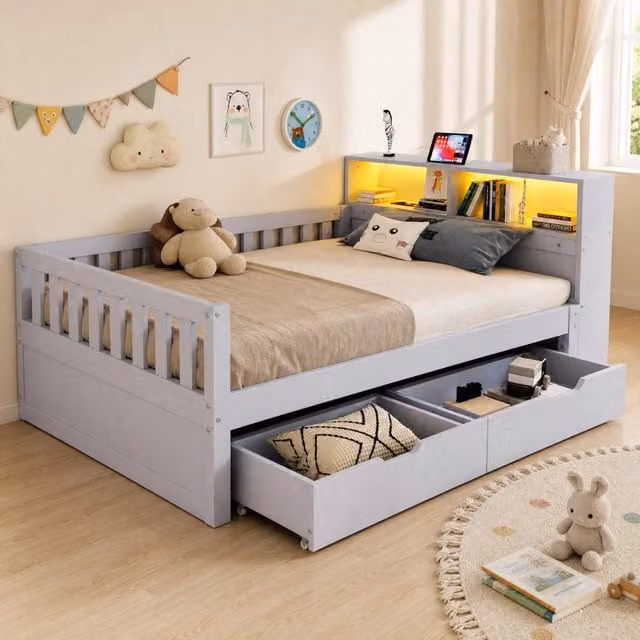 Letto divano singolo 90 × 200 cm con 2 cassetti, mensole, LED, prese USB e Type-C, senza materasso, grigio