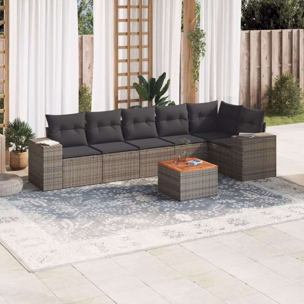 vidaXL Set Divani da Giardino 7 pz in Polyrattan Grigio con Cuscini e Tavolino – 1