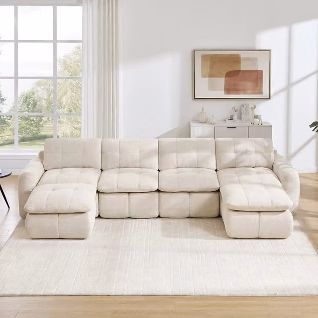 Divano angolare a 4 posti Minimal beige con 2 poggiapiedi coordinati in tessuto imbottito