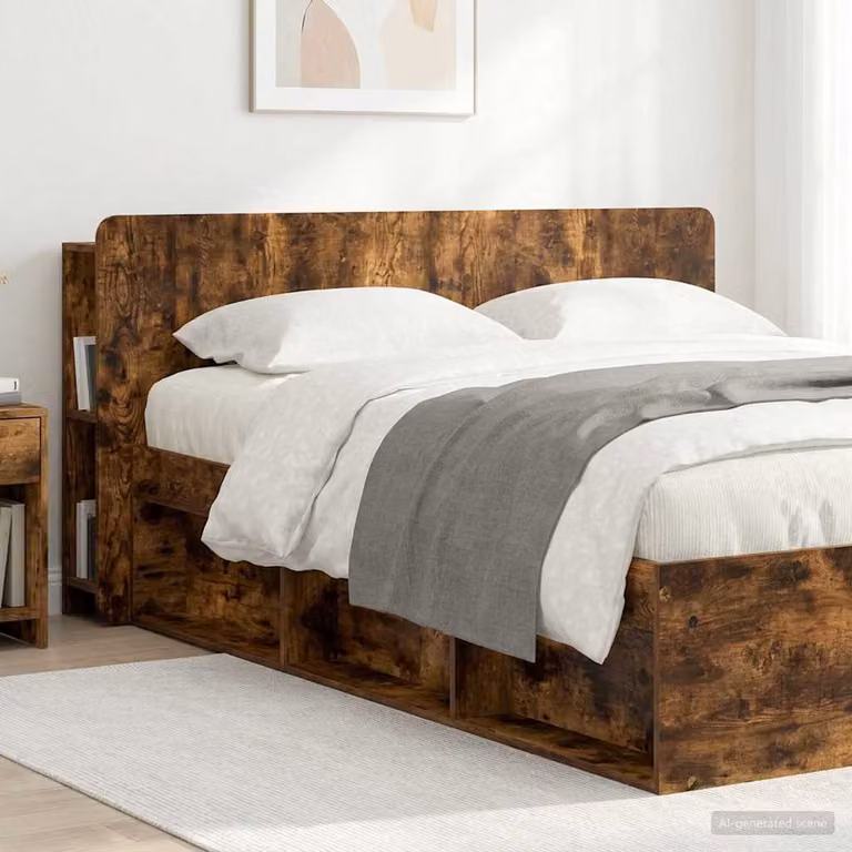 Testata del letto moderna vidaXL in legno ingegnerizzato Rovere Fumo con ripiano integrato e scomparti laterali, L: 182,5 cm, H: 80 cm, P: 18,5 cm