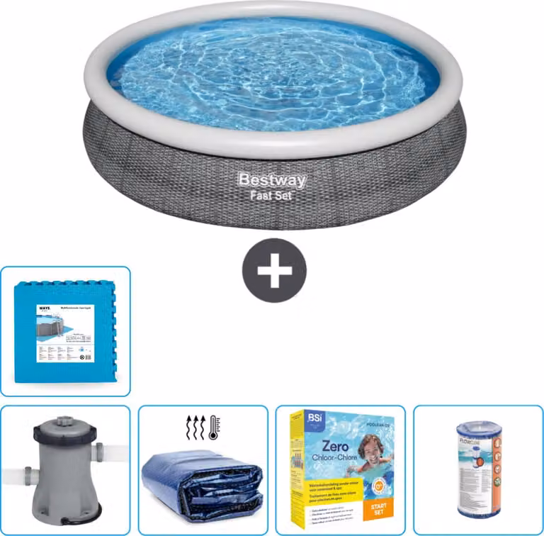Piscina gonfiabile rotonda Bestway a presa rapida - stampa rattan - 366 x 76 cm - pompa inclusa - tenda da sole - pacchetto manutenzione - filtro - piastrelle per il pavimento