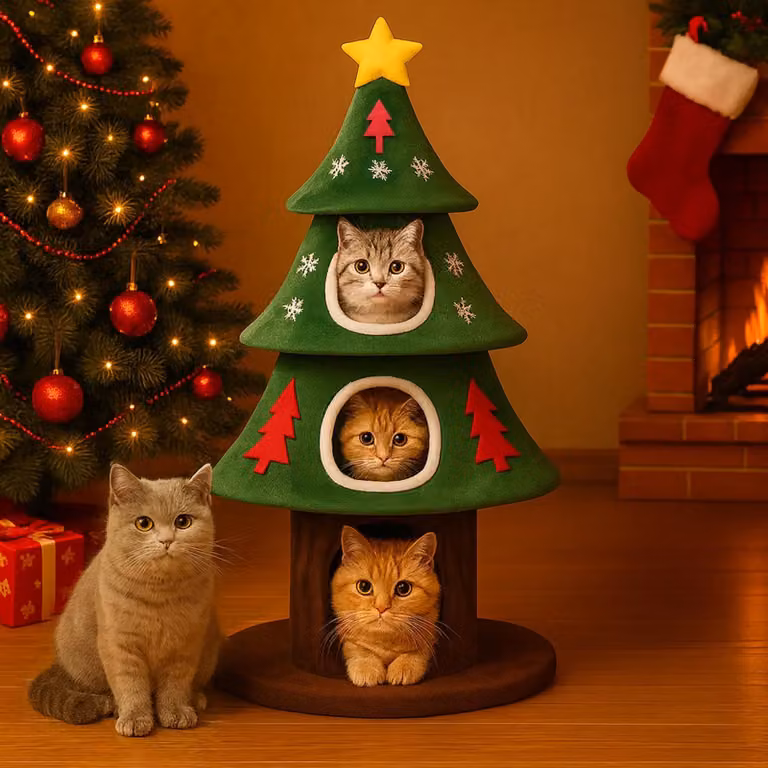 Tiragraffi - CAT TREE-A - Design ad albero di Natale - 2 livelli - Legno - Colonne da graffiare e pallina - Cuccia per gatti - Verde