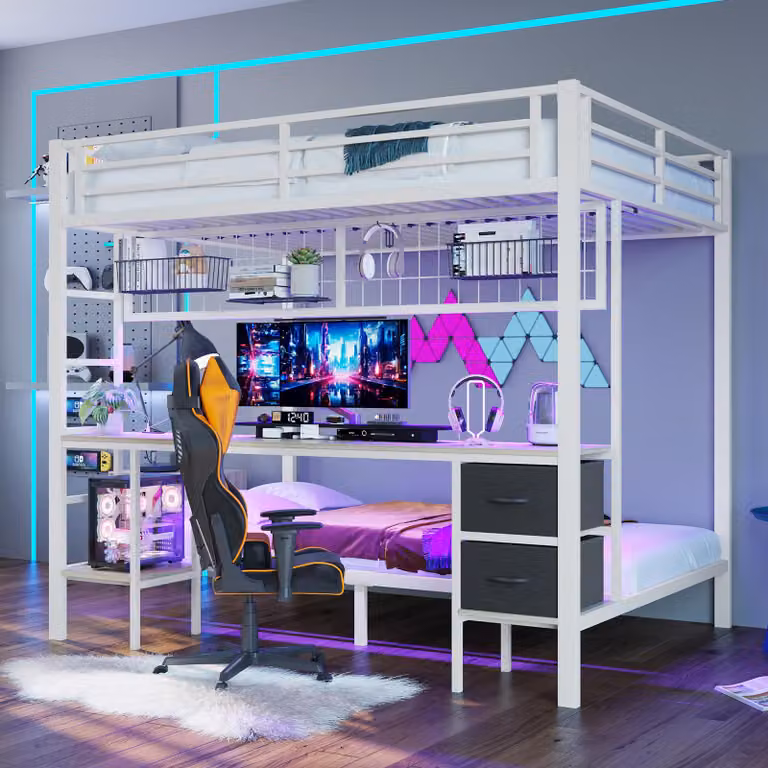 Letto a soppalco Sweiko, 90x200 e 140x200, struttura in ferro, cassetti, ripiani per oggetti, griglia per appendere oggetti, scrivania, con striscia LED a 7 colori, connessione USB, senza materasso, bianco