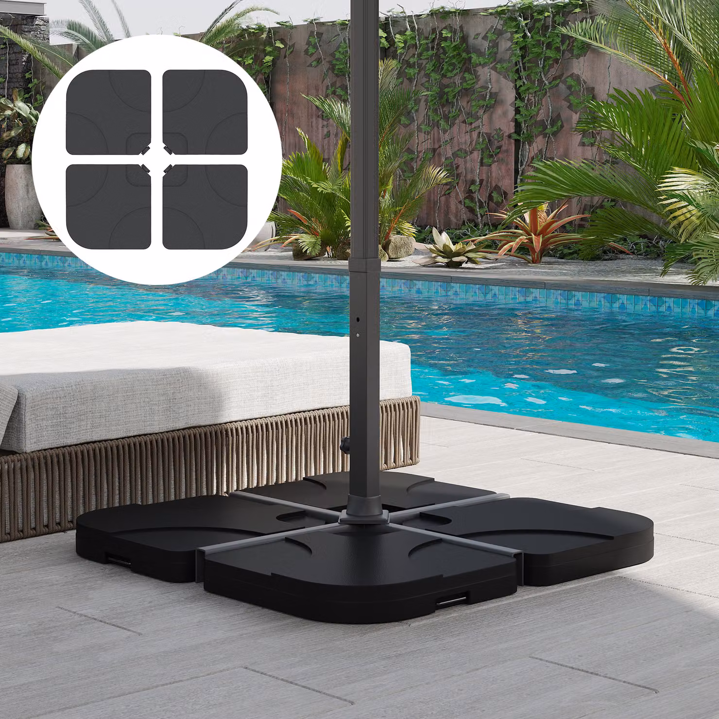 Set di 4 basi per ombrellone Outsunny in plastica nera riempibili con acqua o sabbia, L/P/H: 50 x 50 x 7,5 cm per pezzo, Aosom – 2