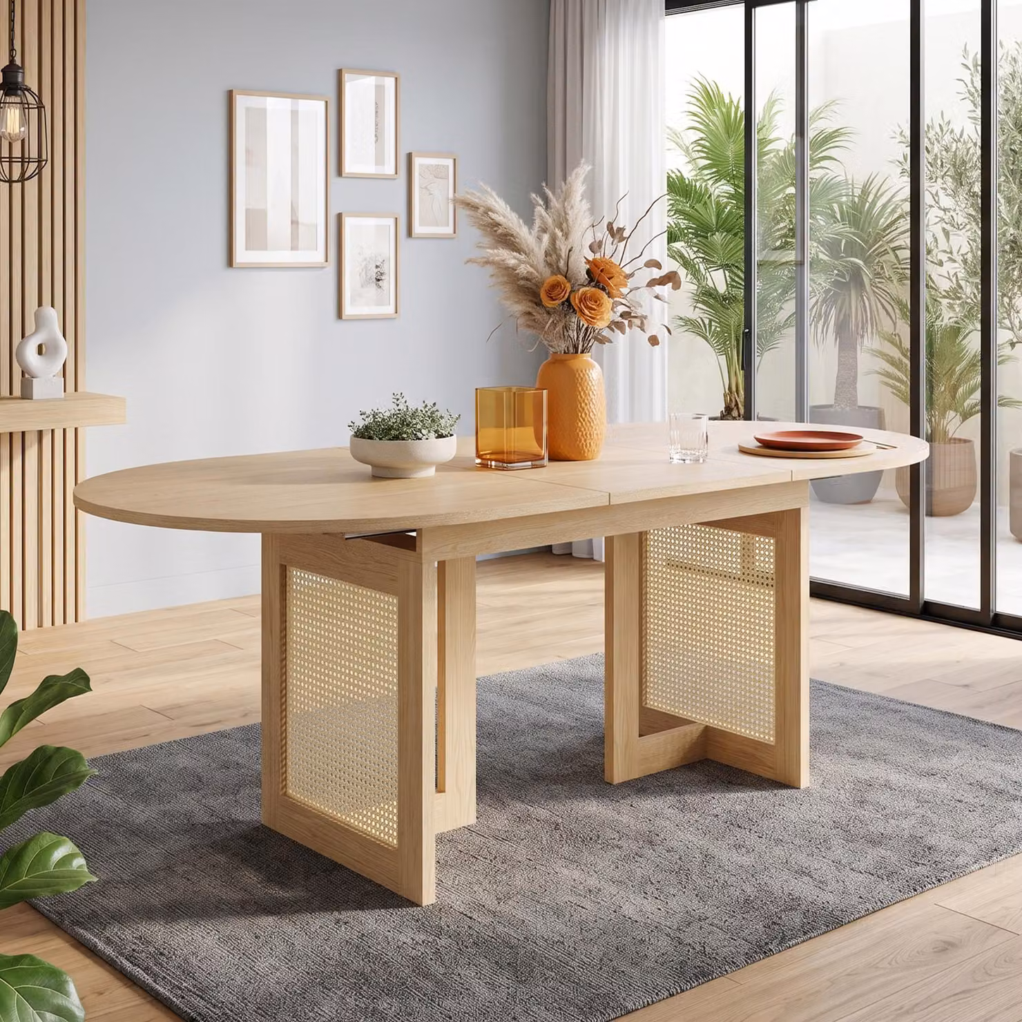 Tavolo allungabile per sala da pranzo con piano spesso, tavolo da pranzo con gambe in rattan, tavolo da cucina 160-200x90x75 cm, colore noce