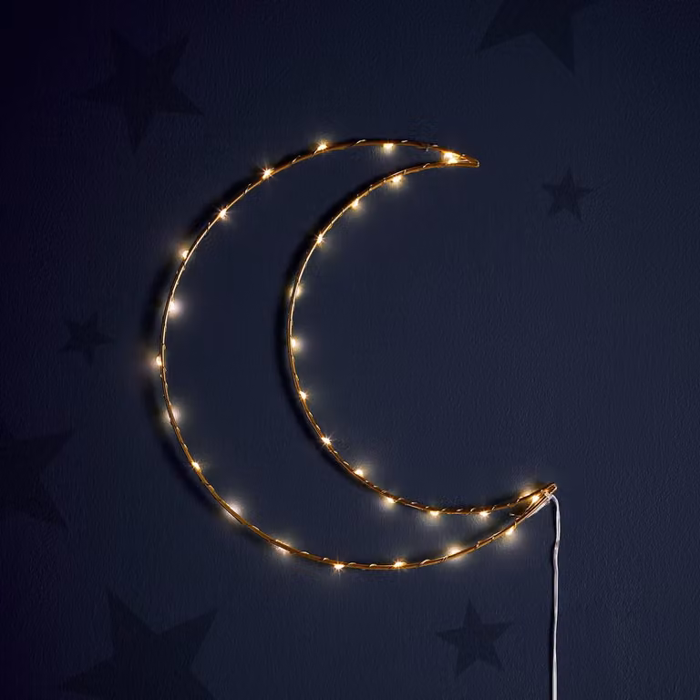 Lampada da parete a LED a forma di luna, color oro, 30 cm, con timer, alimentazione a batteria, per interni