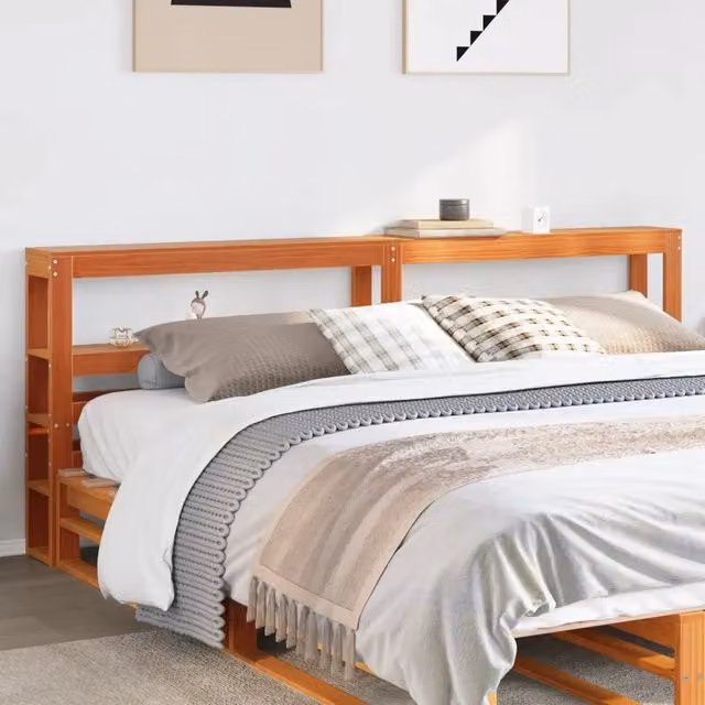 Testiera con ripiani contenitore Design Mania in legno massello di pino color marrone cera per letto 180x200 cm