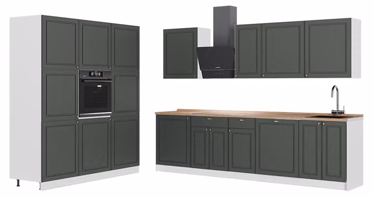 Cucina componibile Vicco Fame-Line Verde-oro rustico/Bianco 460 cm, PL Rovere, Model 63826
