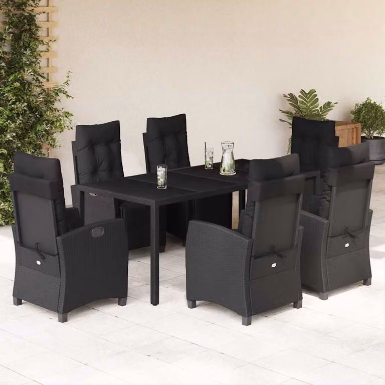 Set da Pranzo da Giardino vidaXL 7 pz in Polyrattan Nero con Piano in Vetro