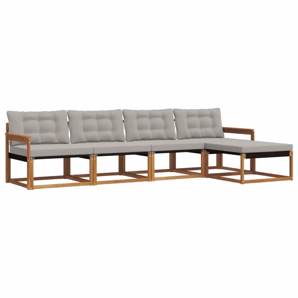 Set di divani da esterno a L vidaXL in legno di acacia con pouf e cuscini, beige e grigio – 2