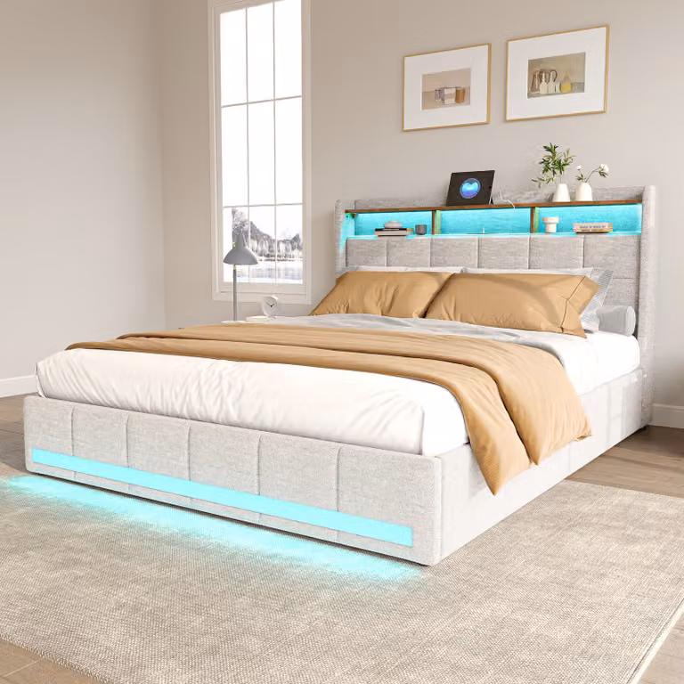 Letto matrimoniale imbottito 140 x 190 cm con contenitore, illuminazione LED, connessioni USB e tipo C, 4 cassetti, beige