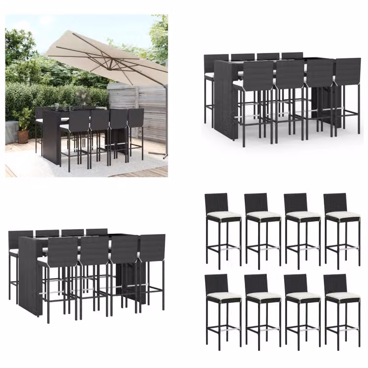 vidaXL Set bar da giardino 9 pezzi con cuscini in poly rattan nero - Set bar da giardino - Set bar da giardino - Set bar da giardino - Bar da giardino