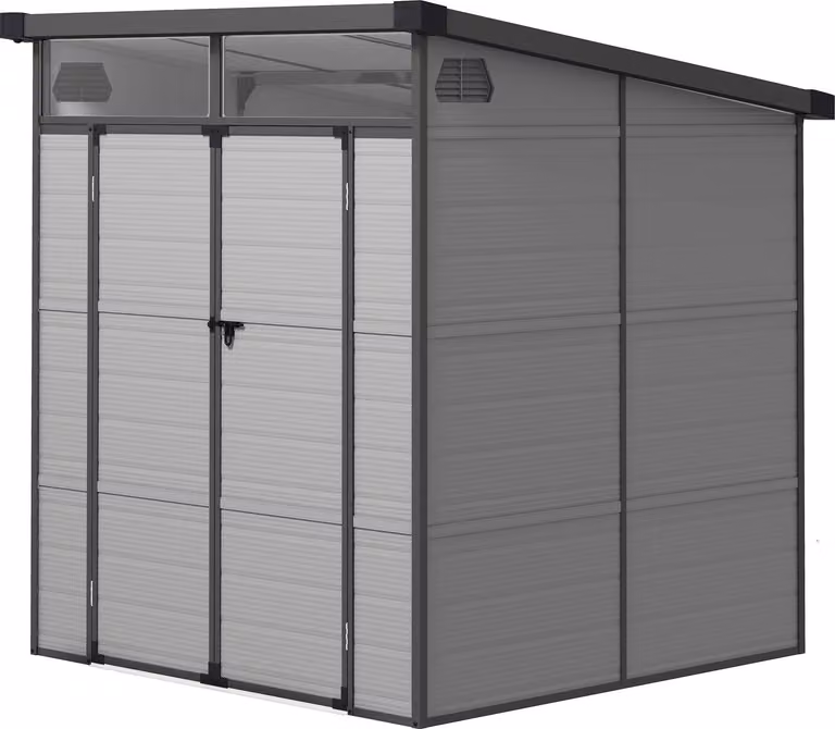 Capanno per attrezzi in plastica 3,24 m³ 190x191x215 cm Capanno per attrezzi con tetto a falda, porta con serratura, casetta da giardino resistente alle intemperie, casetta da giardino per esterni con armadietto per cortile, area esterna, grigio chiaro