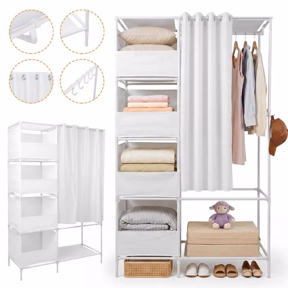Armadio per abiti in tessuto - Contenitore portaoggetti - 170 x 105 x 45 cm - Bianco - Include 4 contenitori portaoggetti in tessuto - Porta appendiabiti - Copertura antipolvere - Montaggio senza attrezzi