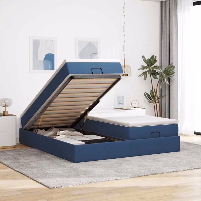 Letto con contenitore a sollevamento vidaXL in tessuto blu e bianco L 200 cm x P 200 cm x H 280 cm