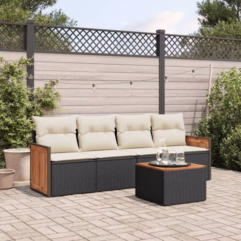 Set di divani da giardino vidaXL in polyrattan nero con cuscini e tavolino da esterno