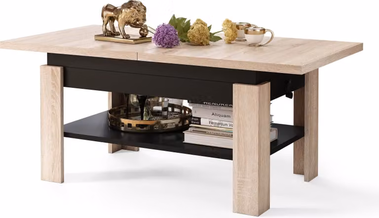 Tavolino All4All modello Rino, tavolino da caffè, tavolino per il soggiorno con vano portaoggetti, tavolino da divano, estendibile fino a 170 cm, con altezza regolabile, dimensioni 130x65 cm, finitura Sonoma (legno) e nero