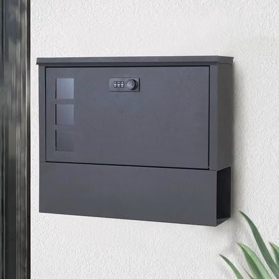Cassetta postale in acciaio con chiusura a cifra e raccoglitore per giornali, colore nero, H: 37.0 cm, L: 30.0 cm, P: 10.0 cm