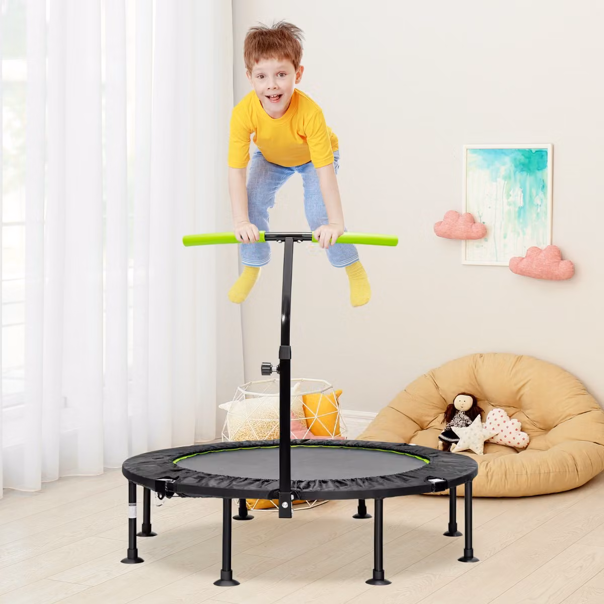Trampolino fitness Costway pieghevole con maniglia regolabile per bambini e adulti, Verde, Diametro: 117 cm