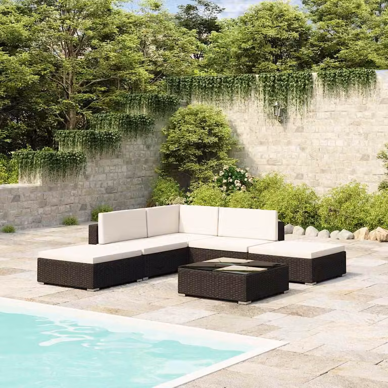Set di divani da giardino vidaXL in polyrattan nero con cuscini, tavolino e pouf, 6 pezzi