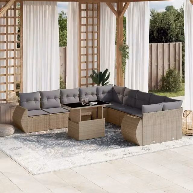 Set di Divani da Giardino vidaXL in Polyrattan con Cuscini Beige e Grigio, Composizione a L con Tavolino e 11 Pezzi – 1
