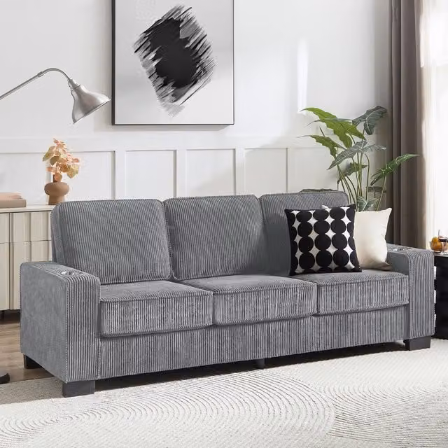 Divano 3 posti ¨C Minimal ¨C Grigio tessuto imbottito con porta bibite, 206 cm