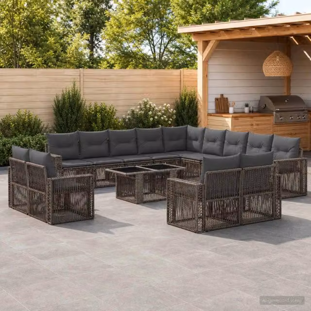 Set Divano da Giardino vidaXL 14 pz in Polyrattan Grigio e Antracite con Tavolino e Cuscini
