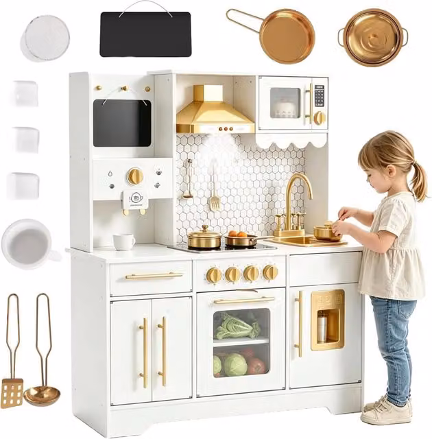 Cucina Giocattolo Per Bambini; Cucina Di Gioco Con Suoni; Fornelli; Rubinetto; Lavello; Microonde; Orologio; Macchina Per Il Ghiaccio e Accessori Da Cucina; Cucina Di Gioco in Legno Per Bambini Dai 3