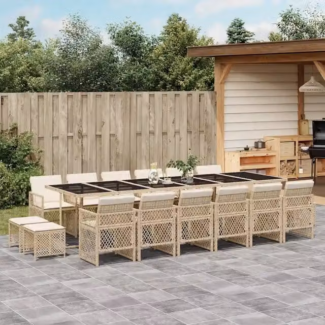 Set da pranzo da giardino vidaXL in polyrattan con cuscini beige e piano in vetro, 17 pezzi
