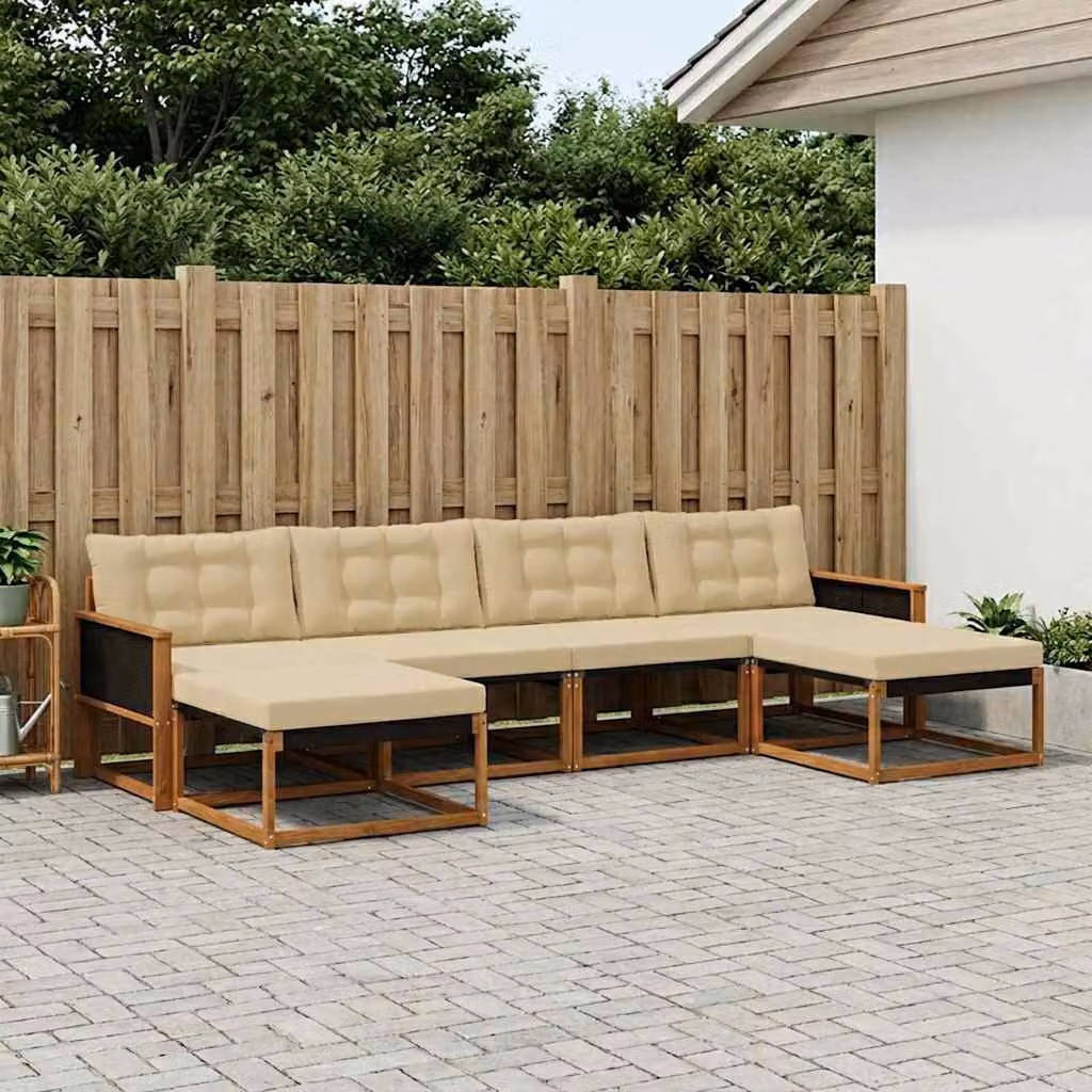 Set di divani da esterno vidaXL a forma di U composto da 6 pezzi in legno di acacia e tessuto textilene, colore beige e naturale, con cuscini inclusi