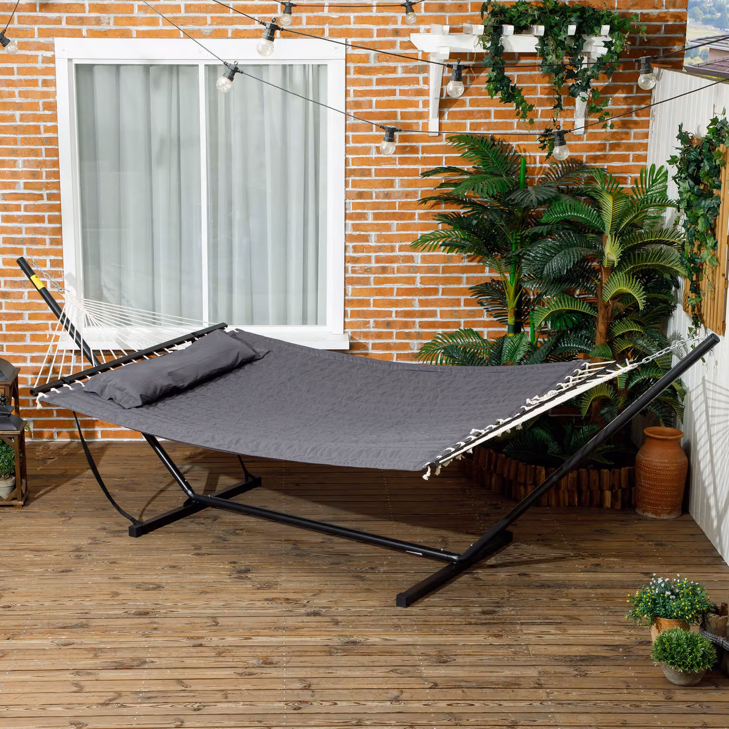 Outsunny Amaca da Giardino Portatile con Cuscini, in Cotone, Poliestere e Acciaio, L/P/H: 368 x 93 x 110 cm, Grigio Scuro – 2