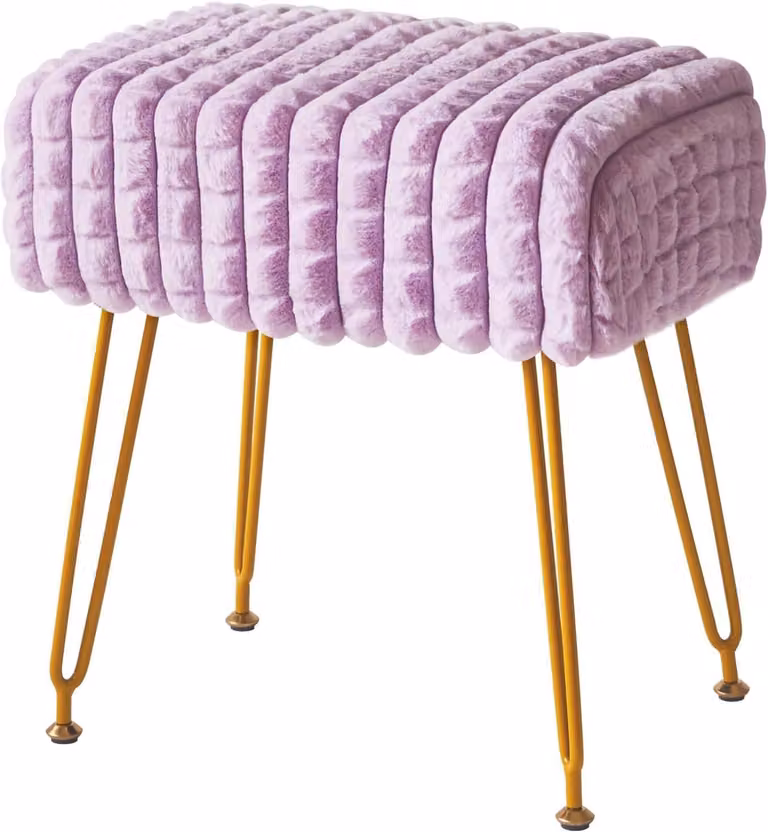 Pouf quadrato, rivestito in velluto, con gambe in acciaio dorato, color lilla, ideale per la camera da letto