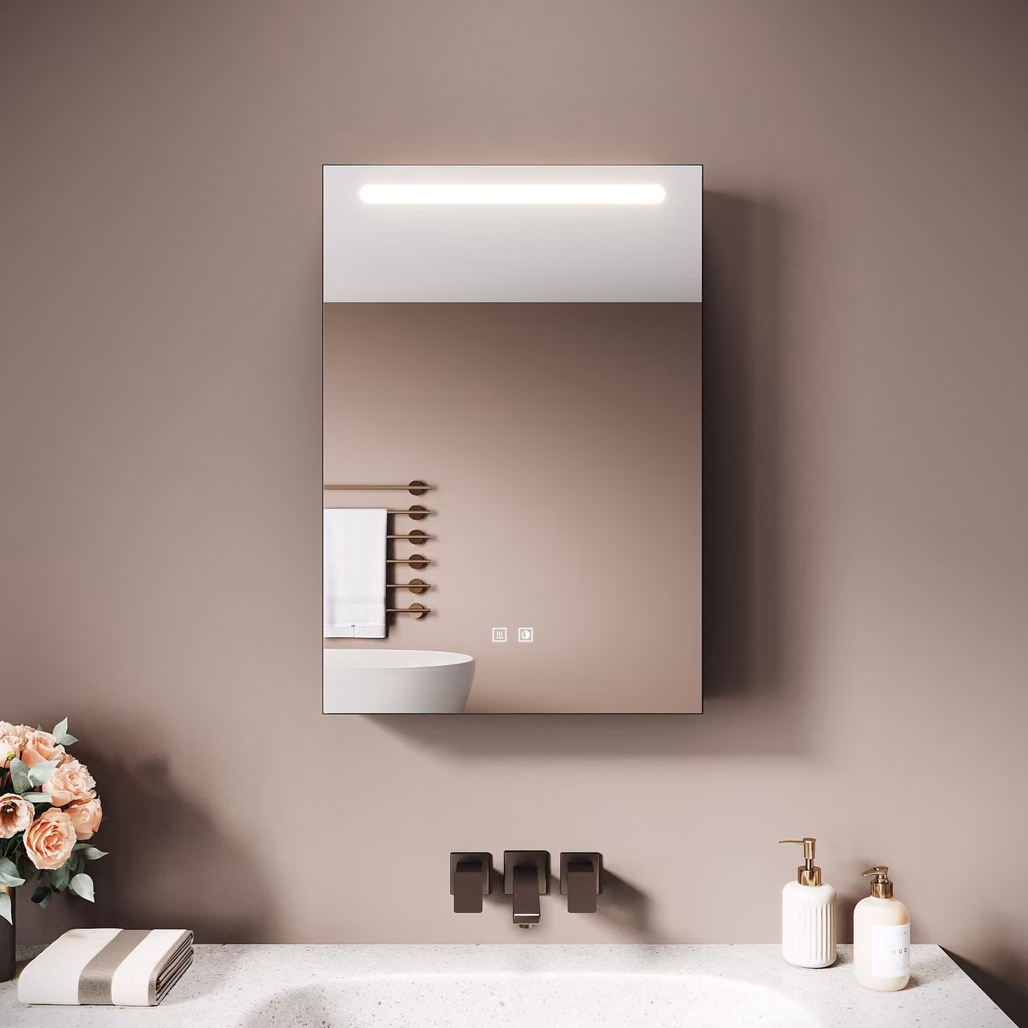 SONNI 48,5 x 70 x 13 cm Armadio a specchio in legno a un'anta con scatola per cosmetici grigio marocchino Antiappannamento Presa per la ricarica del rasoio