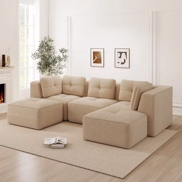 Divano angolare modulare configurabile in velluto a coste beige