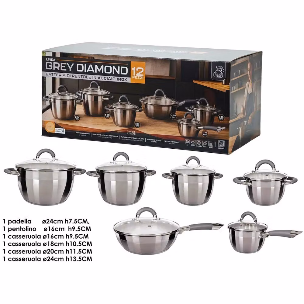 Set di pentole per induzione Trade Shop Traesio in acciaio inox argento con manici in silicone antiscivolo e coperchi in vetro, 12 pezzi – 2